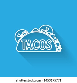 White Taco with tortilla line icon isolated with long shadow. Traditional mexican fast food. Vector Illustration