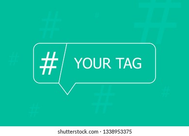 A white tag is depicted on a blue background.