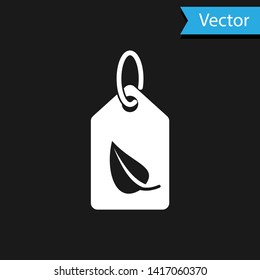 White Tag with leaf symbol icon isolated on black background. Banner, label, tag, logo, sticker for eco green. Vector Illustration