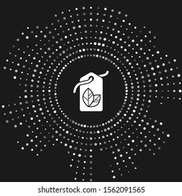 White Tag with leaf symbol icon isolated on grey background. Banner, label, tag, logo, sticker for eco green. Abstract circle random dots. Vector Illustration