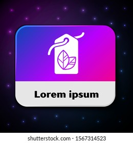 White Tag with leaf symbol icon isolated on black background. Banner, label, tag, logo, sticker for eco green. Rectangle color button. Vector Illustration