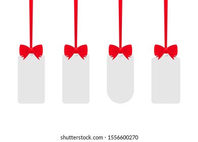 White tags isolated on white background with red ribbon. Vector stock illustration.