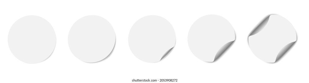 White tags, paper round stickers with peeling corner and shadow, realistic set round paper. Vector illustration.