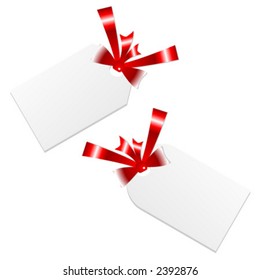 White tags with red bows over white background