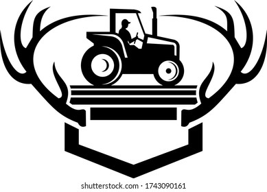 White Tail Deer Antler With Vintage Farm Tractor Side View Retro Black and White