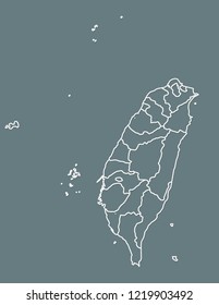 White Taiwan map with border lines of different provinces on dark background vector illustration