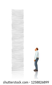 white tall paper stack vs man
