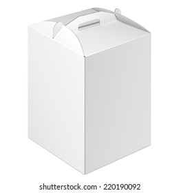 White Tall Square Cardboard Cake Carry Box Packaging For Food, Gift Or Other Products. On White Background Isolated. Ready For Your Design. Product Packing Vector EPS10