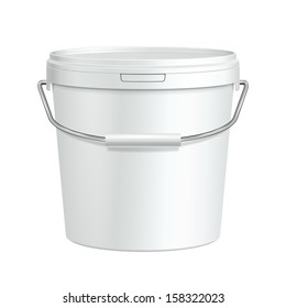 White Tall Tub Paint Plastic Bucket Container With Metal Handle. Plaster, Putty, Toner. Ready For Your Design. Product Packing Vector EPS10 