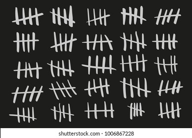 White Tally Marks On Black Board Vector Illustration. Many Variation