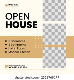 A white and tan poster for an open house The poster features a kitchen living room