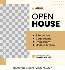 A white and tan poster for an open house The poster features a kitchen living room