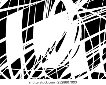 White tangled thread background. Circular abstract pen stroke vector illustration, on black background. Tangled scribbles hand drawn doodles. Vector illustration isolated on black background.