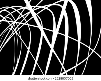 White tangled thread background. Circular abstract pen stroke vector illustration, on black background. Tangled scribbles hand drawn doodles. Vector illustration isolated on black background.