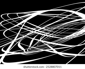 White tangled thread background. Circular abstract pen stroke vector illustration, on black background. Tangled scribbles hand drawn doodles. Vector illustration isolated on black background.