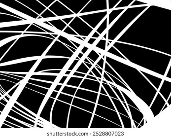 White tangled thread background. Circular abstract pen stroke vector illustration, on black background. Tangled scribbles hand drawn doodles. Vector illustration isolated on black background.