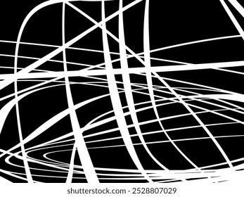 White tangled thread background. Circular abstract pen stroke vector illustration, on black background. Tangled scribbles hand drawn doodles. Vector illustration isolated on black background.