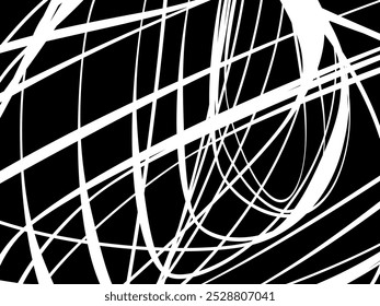 White tangled thread background. Circular abstract pen stroke vector illustration, on black background. Tangled scribbles hand drawn doodles. Vector illustration isolated on black background.