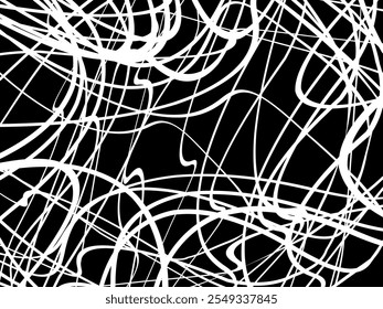 Plano de fundo branco da thread emaranhado. Ilustração circular abstrata do vetor de traçado da caneta, no plano de fundo preto. Rabiscos emaranhados rabiscos desenhados à mão. Ilustração vetorial isolada no plano de fundo preto.