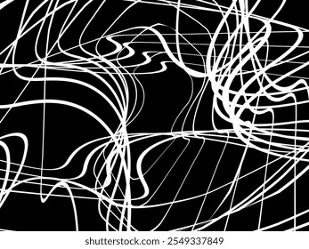 Plano de fundo branco da thread emaranhado. Ilustração circular abstrata do vetor de traçado da caneta, no plano de fundo preto. Rabiscos emaranhados rabiscos desenhados à mão. Ilustração vetorial isolada no plano de fundo preto.