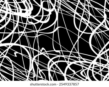 Plano de fundo branco da thread emaranhado. Ilustração circular abstrata do vetor de traçado da caneta, no plano de fundo preto. Rabiscos emaranhados rabiscos desenhados à mão. Ilustração vetorial isolada no plano de fundo preto.