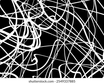 Plano de fundo branco da thread emaranhado. Ilustração circular abstrata do vetor de traçado da caneta, no plano de fundo preto. Rabiscos emaranhados rabiscos desenhados à mão. Ilustração vetorial isolada no plano de fundo preto.