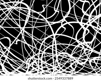 Plano de fundo branco da thread emaranhado. Ilustração circular abstrata do vetor de traçado da caneta, no plano de fundo preto. Rabiscos emaranhados rabiscos desenhados à mão. Ilustração vetorial isolada no plano de fundo preto.