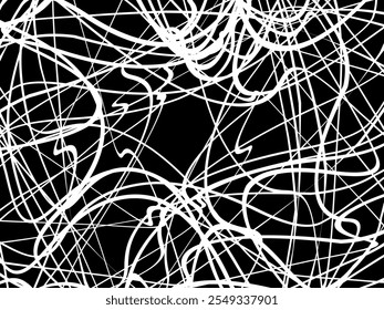 Plano de fundo branco da thread emaranhado. Ilustração circular abstrata do vetor de traçado da caneta, no plano de fundo preto. Rabiscos emaranhados rabiscos desenhados à mão. Ilustração vetorial isolada no plano de fundo preto.