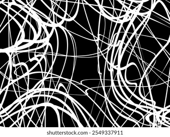 Plano de fundo branco da thread emaranhado. Ilustração circular abstrata do vetor de traçado da caneta, no plano de fundo preto. Rabiscos emaranhados rabiscos desenhados à mão. Ilustração vetorial isolada no plano de fundo preto.