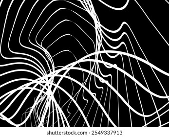 Plano de fundo branco da thread emaranhado. Ilustração circular abstrata do vetor de traçado da caneta, no plano de fundo preto. Rabiscos emaranhados rabiscos desenhados à mão. Ilustração vetorial isolada no plano de fundo preto.