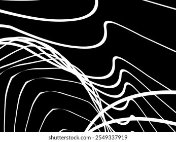 Plano de fundo branco da thread emaranhado. Ilustração circular abstrata do vetor de traçado da caneta, no plano de fundo preto. Rabiscos emaranhados rabiscos desenhados à mão. Ilustração vetorial isolada no plano de fundo preto.