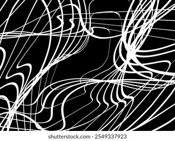 Plano de fundo branco da thread emaranhado. Ilustração circular abstrata do vetor de traçado da caneta, no plano de fundo preto. Rabiscos emaranhados rabiscos desenhados à mão. Ilustração vetorial isolada no plano de fundo preto.