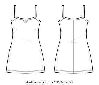 white Tank Top Slip Mini Dress technical fashion illustration. Tank Top Slip Mini Dress vector template illustration. front and back view. slim fit. Dress Camisole, women's. CAD mockup template set.