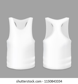 White tank top or T-shirt vector illustration of 3d realistic casual or sportswear model for promo branding. Isolated template of sleeveless man and woman sport vest or gym wear for print design