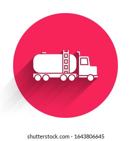 White Tanker truck icon isolated with long shadow. Petroleum tanker, petrol truck, cistern, oil trailer. Red circle button. Vector Illustration