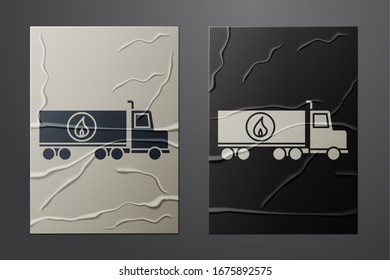 White Tanker truck icon isolated on crumpled paper background. Petroleum tanker, petrol truck, cistern, oil trailer. Paper art style. Vector Illustration