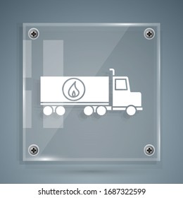 White Tanker truck icon isolated on grey background. Petroleum tanker, petrol truck, cistern, oil trailer. Square glass panels. Vector Illustration