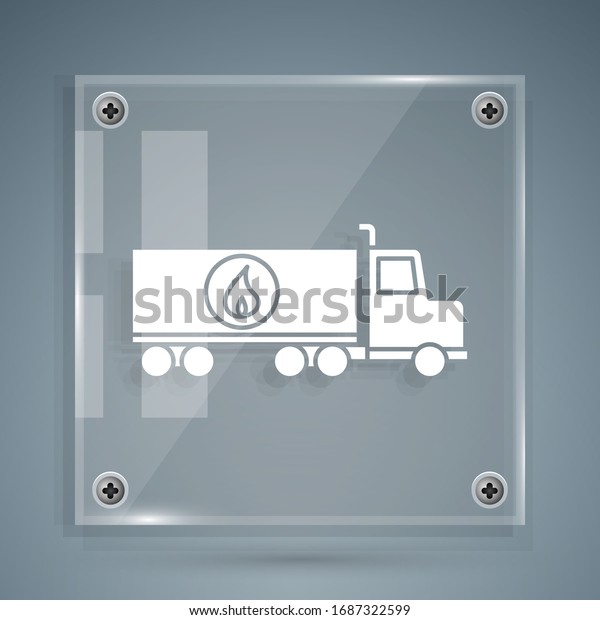 White Tanker truck icon isolated on grey\
background. Petroleum tanker, petrol truck, cistern, oil trailer.\
Square glass panels. Vector\
Illustration