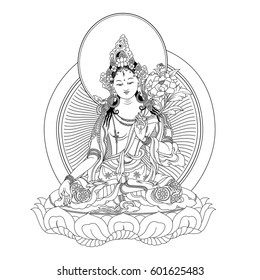 White Tara sits in a meditation posture on a lotus flower. A symbol of the Tibetan Buddhism. Buddha. Black and white design. 