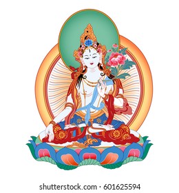 White Tara sits in a meditation posture on a lotus flower. A symbol of the Tibetan Buddhism. Buddha. Color design.