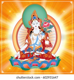 White Tara sits in a meditation posture on a lotus flower. A symbol of the Tibetan Buddhism. Buddha. Color design.