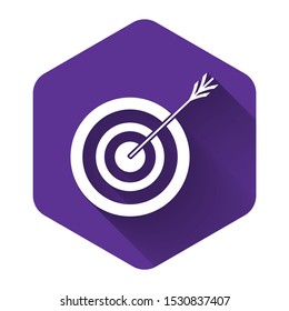 White Target with arrow icon isolated with long shadow. Dart board sign. Archery board icon. Dartboard sign. Business goal concept. Purple hexagon button. Vector Illustration