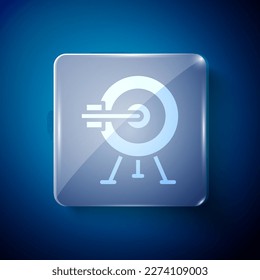 White Target with arrow icon isolated on blue background. Dart board sign. Archery board icon. Dartboard sign. Business goal concept. Square glass panels. Vector