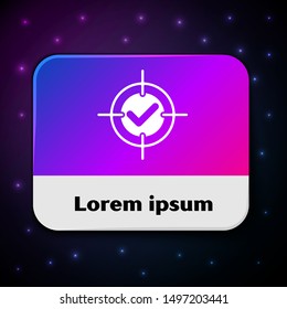 White Target and check mark icon isolated on black background. Dart board sign. Archery board icon. Dartboard sign. Business goal concept. Rectangle color button. Vector Illustration