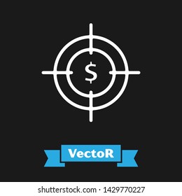 White Target with dollar symbol icon isolated on black background. Investment target icon. Successful business concept. Cash or Money sign.  Vector Illustration