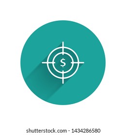 White Target with dollar symbol icon isolated with long shadow. Investment target icon. Successful business concept. Cash or Money sign. Green circle button. Vector Illustration