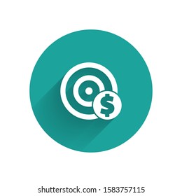 White Target with dollar symbol icon isolated with long shadow. Investment target icon. Successful business concept. Cash or Money. Green circle button. Vector Illustration