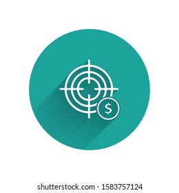White Target with dollar symbol icon isolated with long shadow. Investment target icon. Successful business concept. Cash or Money. Green circle button. Vector Illustration