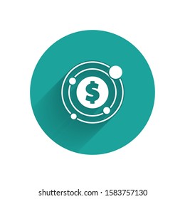 White Target with dollar symbol icon isolated with long shadow. Investment target icon. Successful business concept. Cash or Money. Green circle button. Vector Illustration