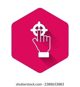 White Target financial goal concept icon isolated with long shadow background. Symbolic goals achievement, success. Pink hexagon button. Vector